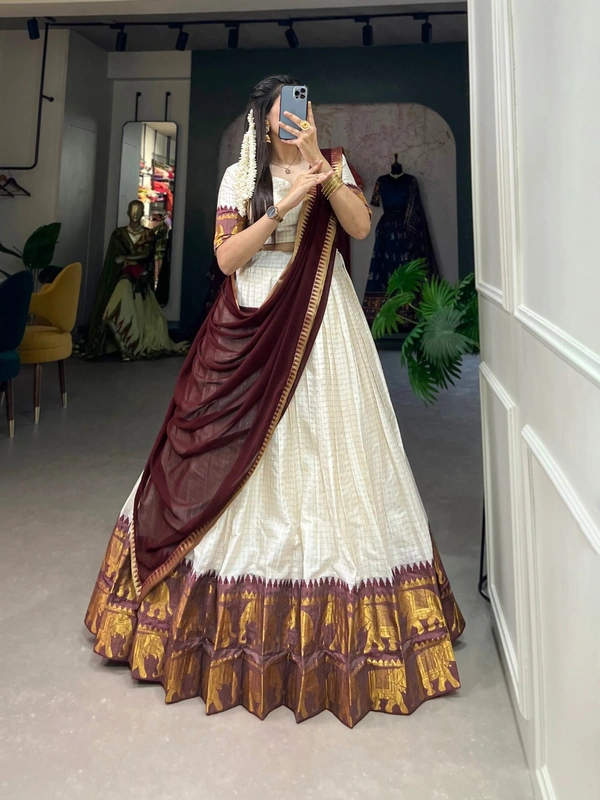 Azorte Fashion Kalyani Cotton Zari Woven Lehenga Choli with Georgette Dupatta – Traditional Festive Wear Set - BRN, Stitched, Unstitched