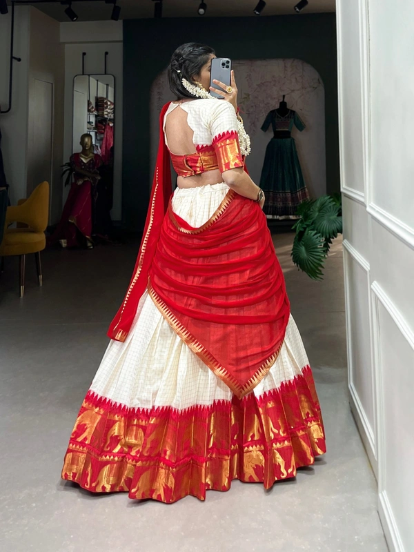 Azorte Fashion Kalyani Cotton Zari Woven Lehenga Choli with Georgette Dupatta – Traditional Festive Wear Set - RED, Stitched, Unstitched