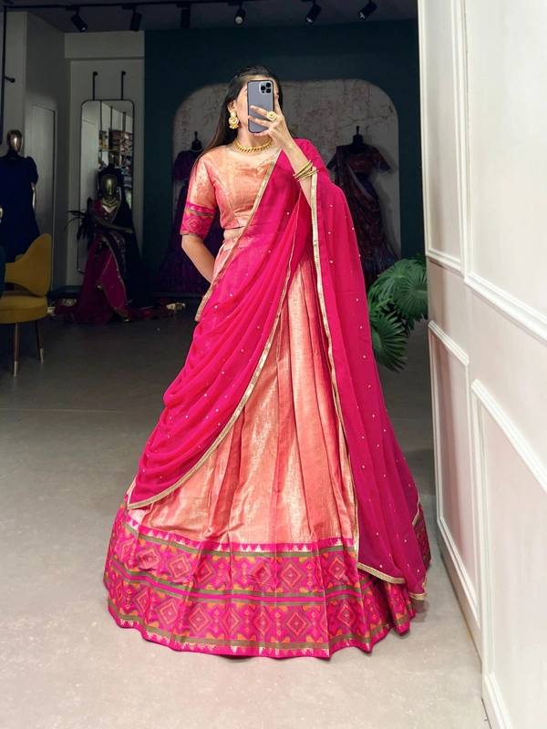 Azorte Fashion Jacquard Silk Kanjivaram Ikkat Lehenga Choli with Sequins Georgette Dupatta – Premium Festive Wear - GDE, Stitched, Unstitched