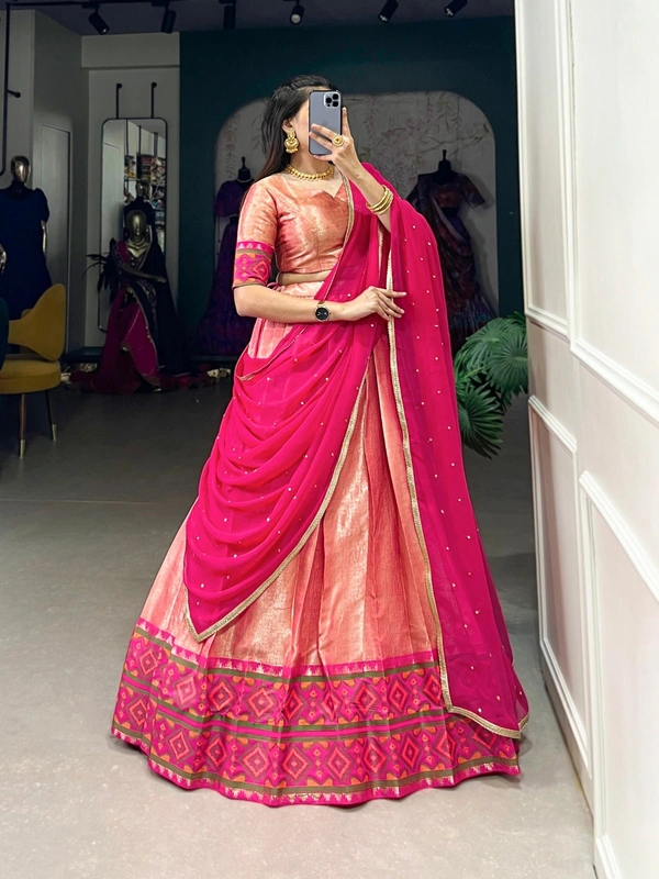 Azorte Fashion Jacquard Silk Kanjivaram Ikkat Lehenga Choli with Sequins Georgette Dupatta – Premium Festive Wear - GDE, Stitched, Unstitched