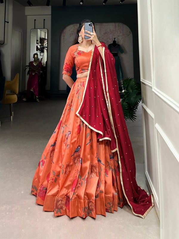 Azorte Fashion Tussar Silk Printed Lehenga Choli Set with Embroidered Vichitra Silk Dupatta – Elegant Festive & Wedding Wear - Stitched, Unstitched