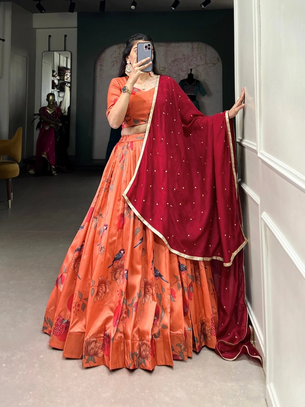 Azorte Fashion Tussar Silk Printed Lehenga Choli Set with Embroidered Vichitra Silk Dupatta – Elegant Festive & Wedding Wear - Stitched, Unstitched