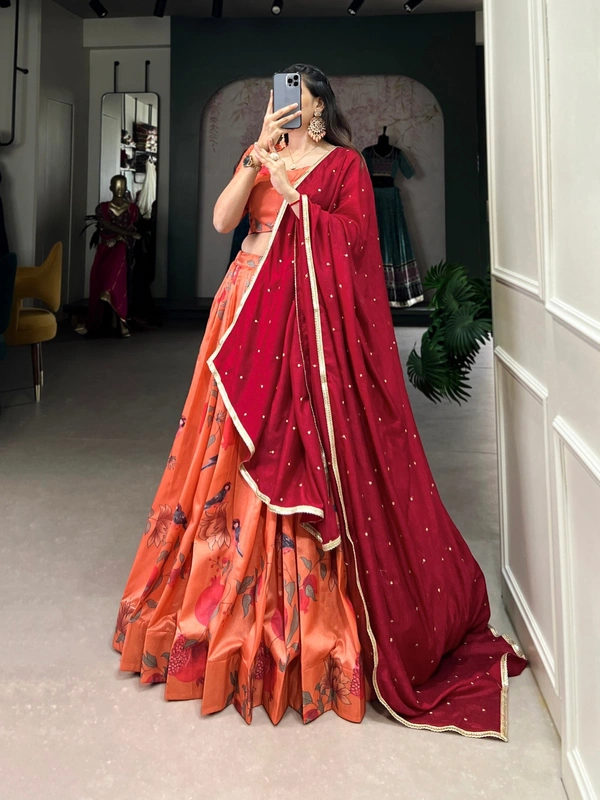 Azorte Fashion Tussar Silk Printed Lehenga Choli Set with Embroidered Vichitra Silk Dupatta – Elegant Festive & Wedding Wear - Stitched, Unstitched