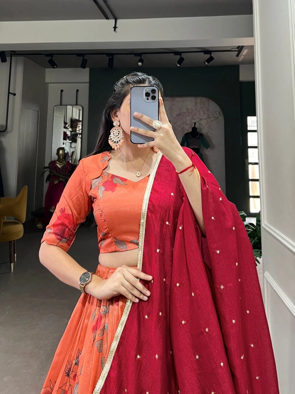 Azorte Fashion Tussar Silk Printed Lehenga Choli Set with Embroidered Vichitra Silk Dupatta – Elegant Festive & Wedding Wear - Stitched, Unstitched