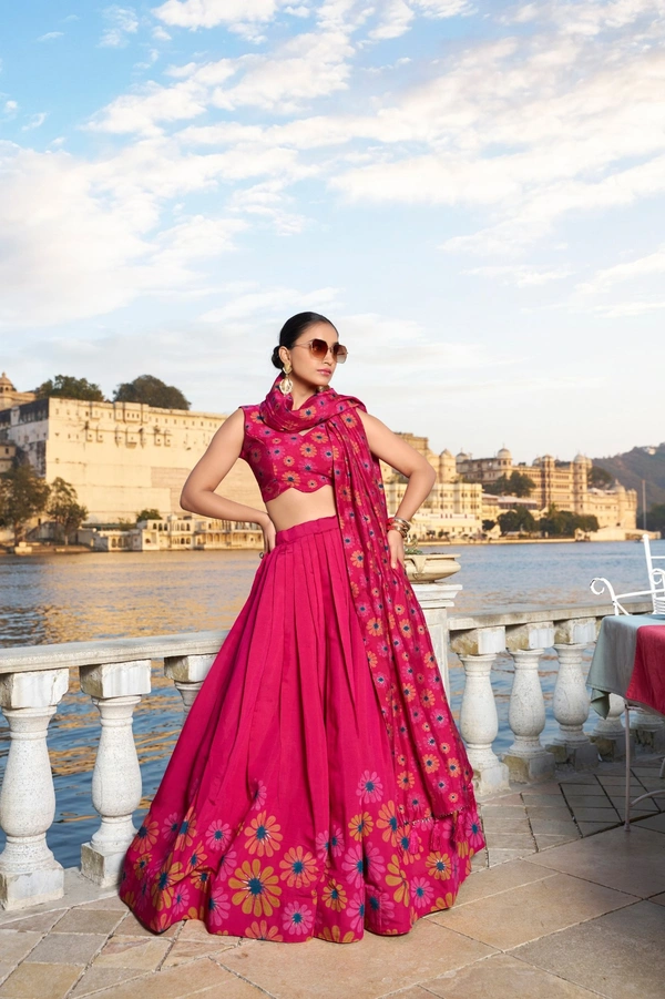 Azorte Fashion Floral Printed Tussar Silk Lehenga Choli with Dupatta | Foil Work | - RMZ, Stitched, Unstitched