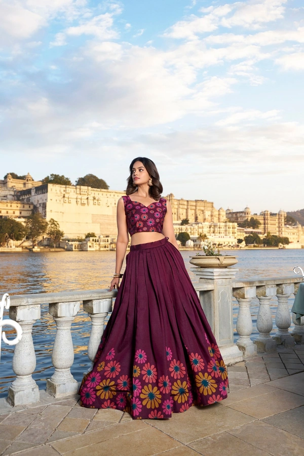 Azorte Fashion Floral Printed Tussar Silk Lehenga Choli with Dupatta | Foil Work | - WNE, Stitched, Unstitched