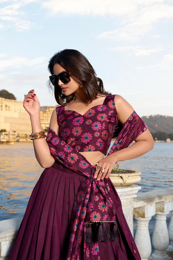 Azorte Fashion Floral Printed Tussar Silk Lehenga Choli with Dupatta | Foil Work | - WNE, Stitched, Unstitched