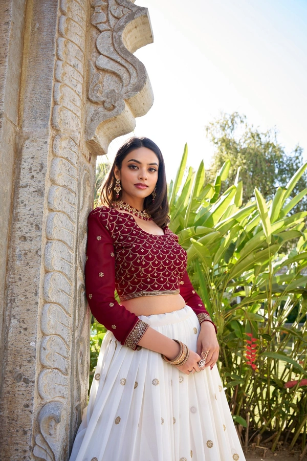 Azorte Fashion Elegant White Georgette Lehenga Choli Set | Sequins & Thread Embroidery with Can Can Flair - Stitched, Unstitched