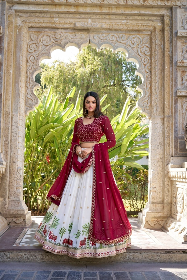 Azorte Fashion Elegant White Georgette Lehenga Choli Set | Sequins & Thread Embroidery with Can Can Flair - Stitched, Unstitched