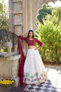 Azorte Fashion Elegant White Georgette Lehenga Choli Set | Sequins & Thread Embroidery with Can Can Flair - Stitched, Unstitched