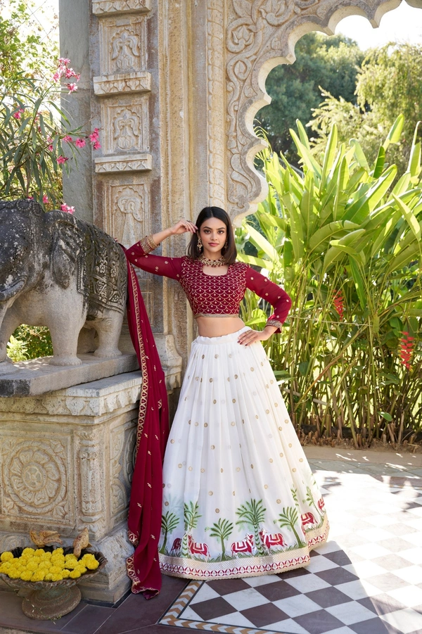 Azorte Fashion Elegant White Georgette Lehenga Choli Set | Sequins & Thread Embroidery with Can Can Flair - Stitched, Unstitched