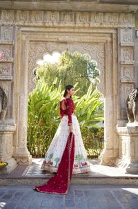 Azorte Fashion Elegant White Georgette Lehenga Choli Set | Sequins & Thread Embroidery with Can Can Flair - Stitched, Unstitched