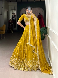 Azorte Fashion Mustard Vichitra Silk Lehenga Choli for Weddings | Sequins & Thread Embroidery with Dupatta - Stitched, Unstitched