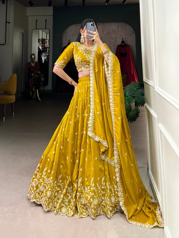 Azorte Fashion Mustard Vichitra Silk Lehenga Choli for Weddings | Sequins & Thread Embroidery with Dupatta - Stitched, Unstitched
