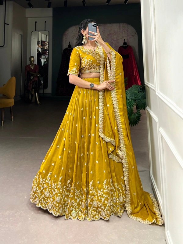 Azorte Fashion Mustard Vichitra Silk Lehenga Choli for Weddings | Sequins & Thread Embroidery with Dupatta - Stitched, Unstitched