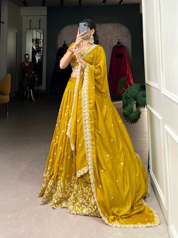 Azorte Fashion Mustard Vichitra Silk Lehenga Choli for Weddings | Sequins & Thread Embroidery with Dupatta - Stitched, Unstitched