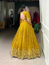 Azorte Fashion Mustard Vichitra Silk Lehenga Choli for Weddings | Sequins & Thread Embroidery with Dupatta - Stitched, Unstitched