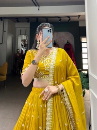 Azorte Fashion Mustard Vichitra Silk Lehenga Choli for Weddings | Sequins & Thread Embroidery with Dupatta - Stitched, Unstitched