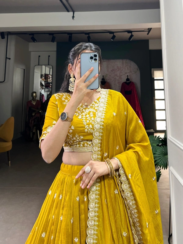 Azorte Fashion Mustard Vichitra Silk Lehenga Choli for Weddings | Sequins & Thread Embroidery with Dupatta - Stitched, Unstitched