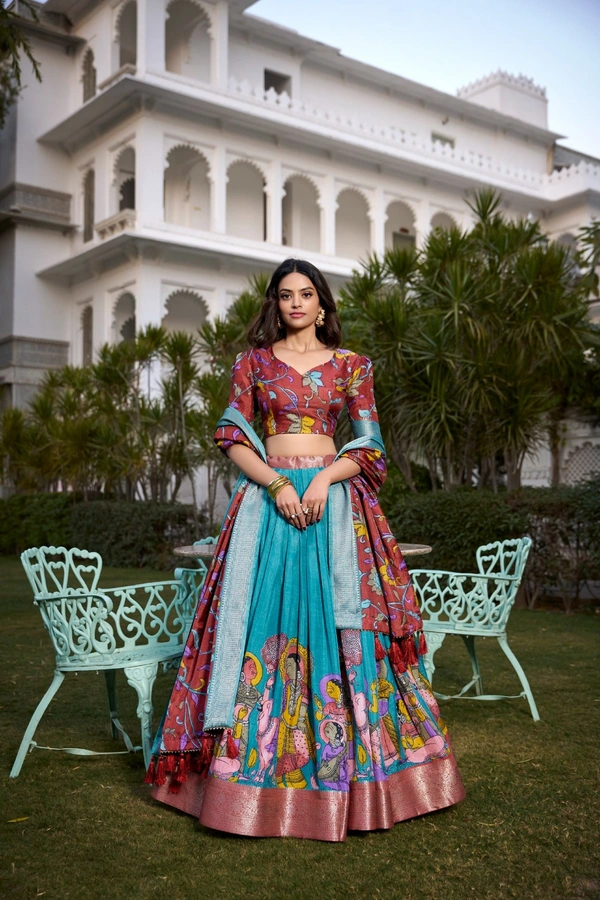 Azorte Fashion Kalamkari Printed Dola Silk Lehenga Choli | Zari Border Ethnic Set with Dupatta – Festive Wear  - BLU, Stitched, Unstitched