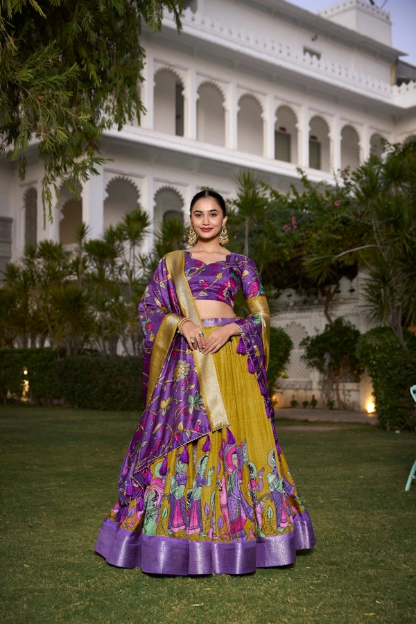Azorte Fashion Kalamkari Printed Dola Silk Lehenga Choli | Zari Border Ethnic Set with Dupatta – Festive Wear  - HOT, Stitched, Unstitched