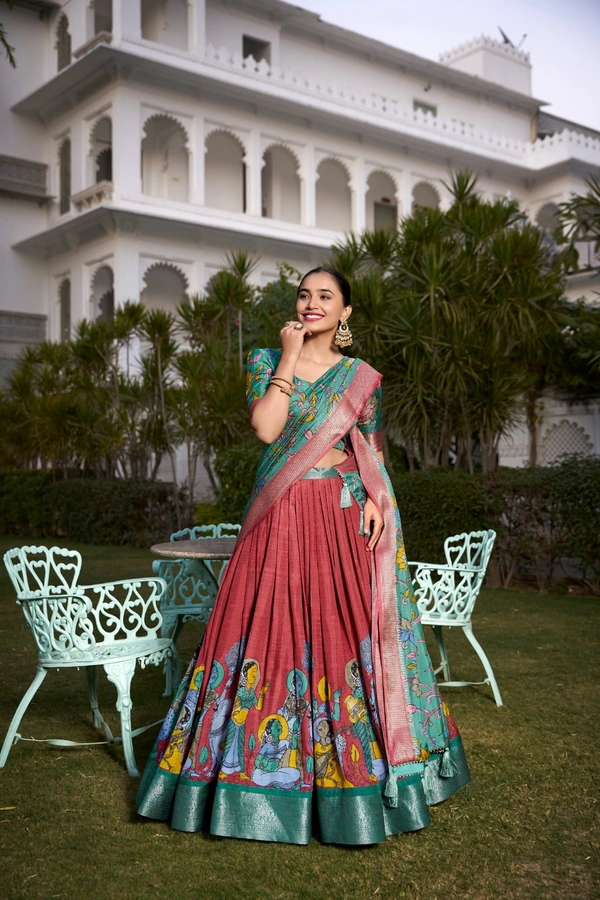 Azorte Fashion Kalamkari Printed Dola Silk Lehenga Choli | Zari Border Ethnic Set with Dupatta – Festive Wear  - CHT, Stitched, Unstitched