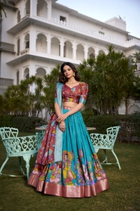 Azorte Fashion Kalamkari Printed Dola Silk Lehenga Choli | Zari Border Ethnic Set with Dupatta – Festive Wear  - BLU, Stitched, Unstitched