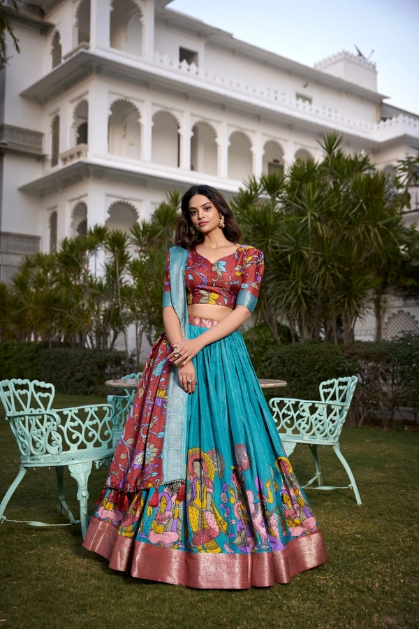 Azorte Fashion Kalamkari Printed Dola Silk Lehenga Choli | Zari Border Ethnic Set with Dupatta – Festive Wear  - BLU, Stitched, Unstitched