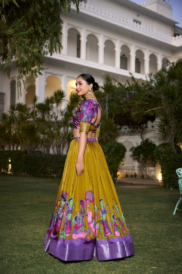 Azorte Fashion Kalamkari Printed Dola Silk Lehenga Choli | Zari Border Ethnic Set with Dupatta – Festive Wear  - HOT, Stitched, Unstitched