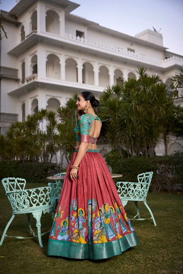 Azorte Fashion Kalamkari Printed Dola Silk Lehenga Choli | Zari Border Ethnic Set with Dupatta – Festive Wear  - CHT, Stitched, Unstitched