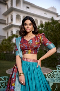 Azorte Fashion Kalamkari Printed Dola Silk Lehenga Choli | Zari Border Ethnic Set with Dupatta – Festive Wear  - BLU, Stitched, Unstitched