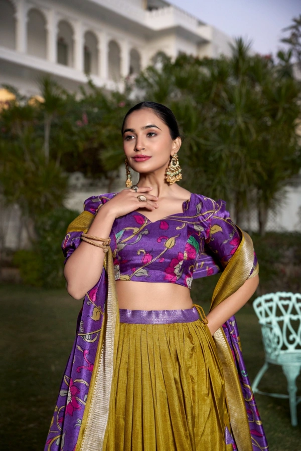 Azorte Fashion Kalamkari Printed Dola Silk Lehenga Choli | Zari Border Ethnic Set with Dupatta – Festive Wear  - HOT, Stitched, Unstitched