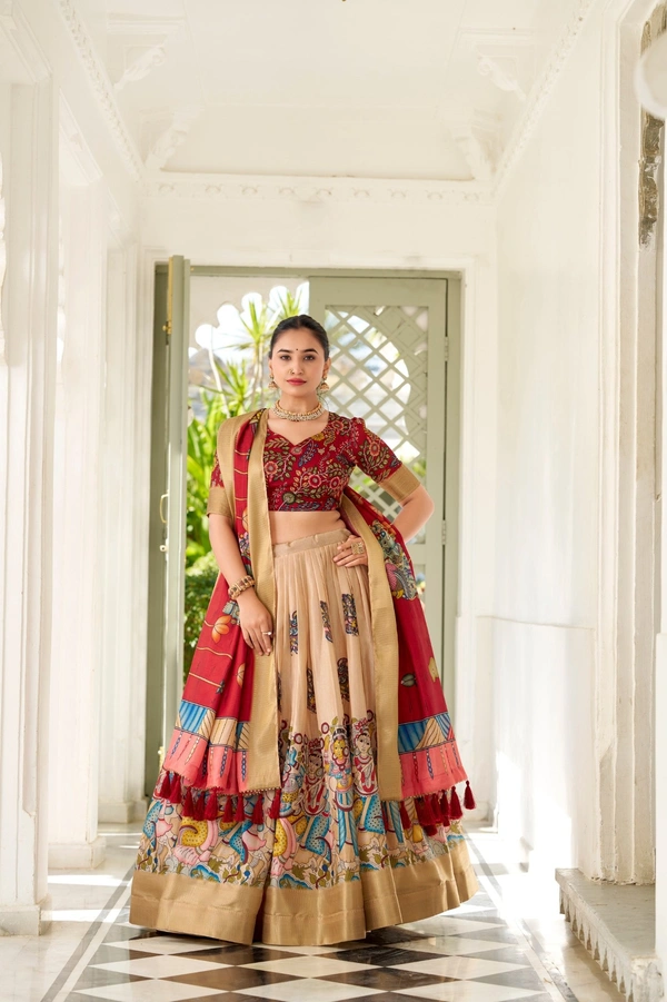 Azorte Fashion  Dola Silk Kalamkari Printed Lehenga Choli Set with Dupatta | Traditional Ethnic Wear - TWD, Stitched, Unstitched