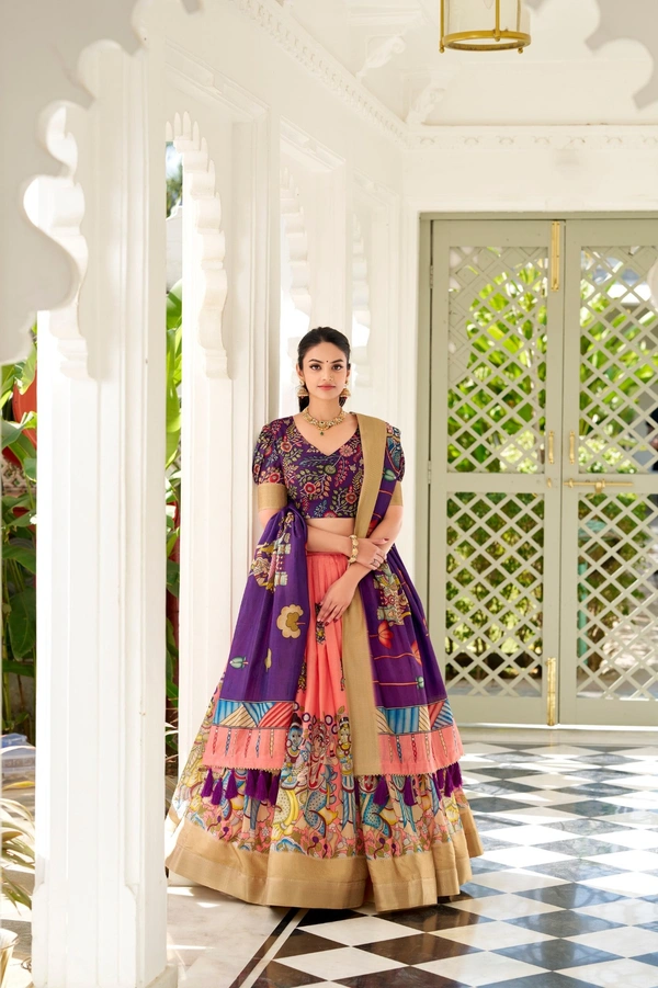 Azorte Fashion  Dola Silk Kalamkari Printed Lehenga Choli Set with Dupatta | Traditional Ethnic Wear - SMN, Stitched, Unstitched
