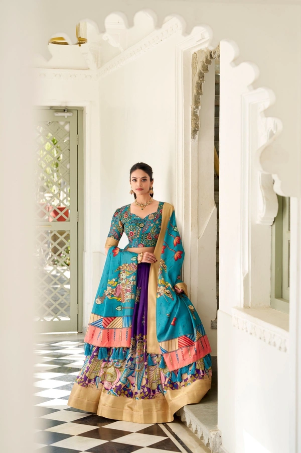 Azorte Fashion  Dola Silk Kalamkari Printed Lehenga Choli Set with Dupatta | Traditional Ethnic Wear - EME, Stitched, Unstitched