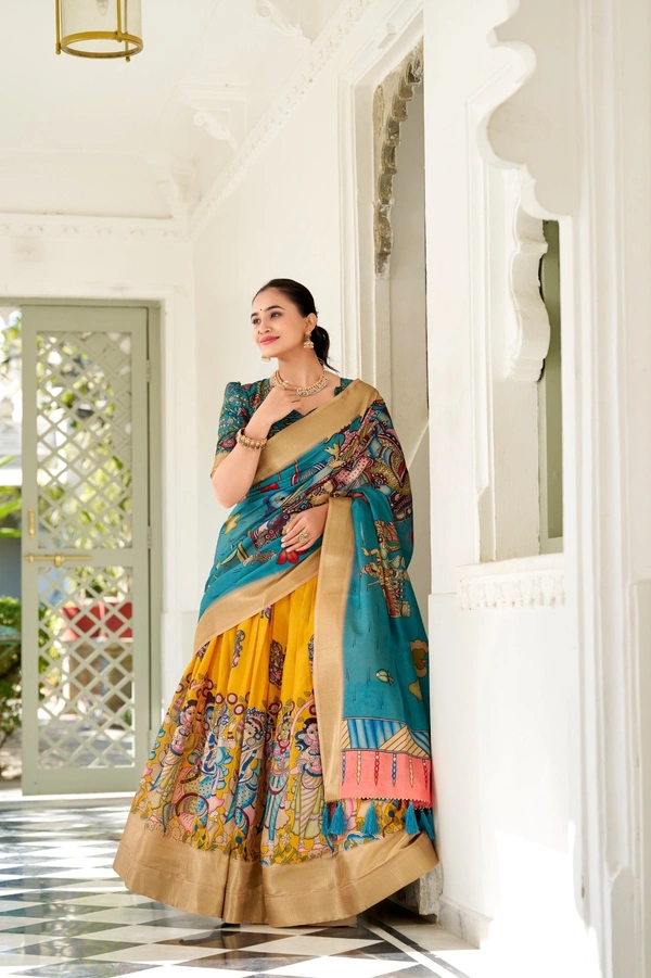 Azorte Fashion  Dola Silk Kalamkari Printed Lehenga Choli Set with Dupatta | Traditional Ethnic Wear - Yellow, Stitched, Unstitched
