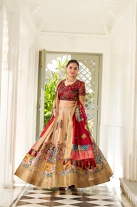 Azorte Fashion  Dola Silk Kalamkari Printed Lehenga Choli Set with Dupatta | Traditional Ethnic Wear - TWD, Stitched, Unstitched