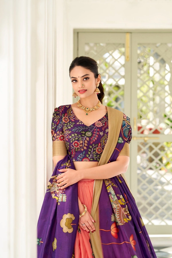 Azorte Fashion  Dola Silk Kalamkari Printed Lehenga Choli Set with Dupatta | Traditional Ethnic Wear - SMN, Stitched, Unstitched