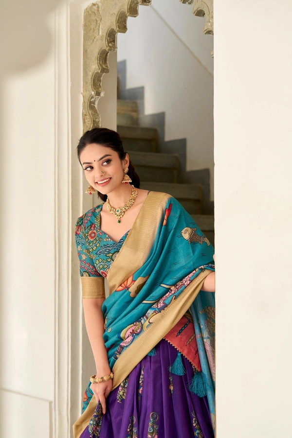 Azorte Fashion  Dola Silk Kalamkari Printed Lehenga Choli Set with Dupatta | Traditional Ethnic Wear - EME, Stitched, Unstitched