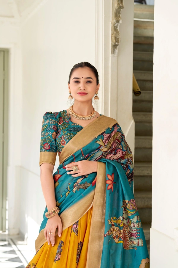 Azorte Fashion  Dola Silk Kalamkari Printed Lehenga Choli Set with Dupatta | Traditional Ethnic Wear - Yellow, Stitched, Unstitched