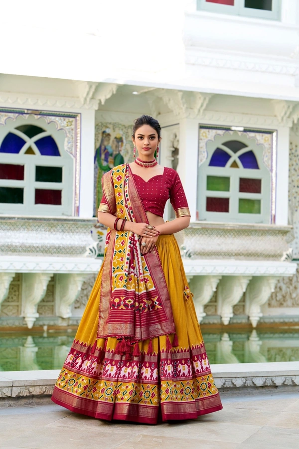 Azorte Fashion Tussar Silk Patola Print Lehenga Choli | Festive Wear Foil Work Lehenga Set with Dupatta - MST, Stitched, Unstitched
