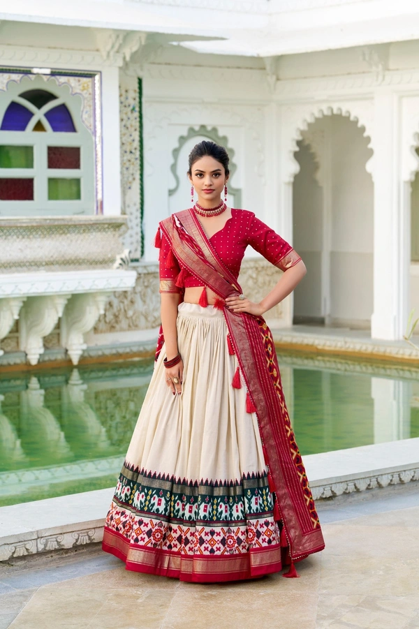 Azorte Fashion Tussar Silk Patola Print Lehenga Choli | Festive Wear Foil Work Lehenga Set with Dupatta - OWT, Stitched, Unstitched