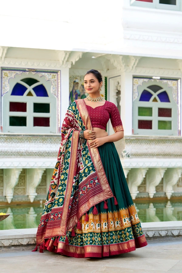 Azorte Fashion Tussar Silk Patola Print Lehenga Choli | Festive Wear Foil Work Lehenga Set with Dupatta - GRN, Stitched, Unstitched