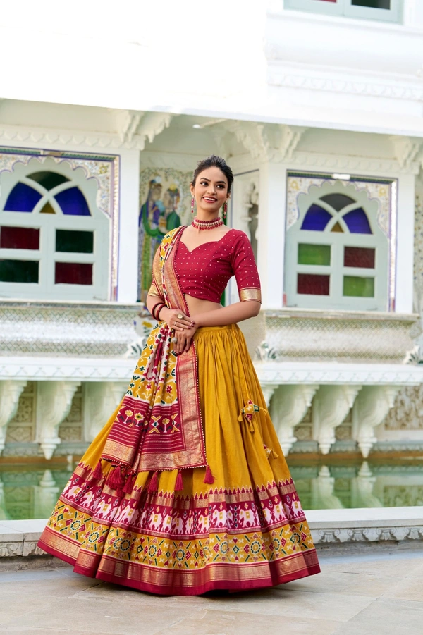 Azorte Fashion Tussar Silk Patola Print Lehenga Choli | Festive Wear Foil Work Lehenga Set with Dupatta - MST, Stitched, Unstitched