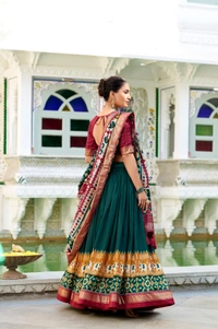 Azorte Fashion Tussar Silk Patola Print Lehenga Choli | Festive Wear Foil Work Lehenga Set with Dupatta - GRN, Stitched, Unstitched