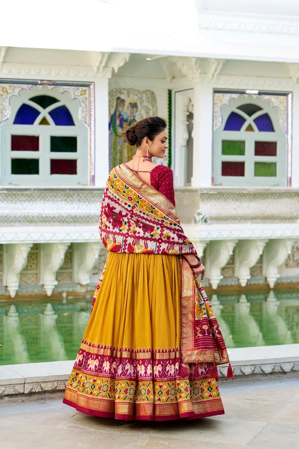 Azorte Fashion Tussar Silk Patola Print Lehenga Choli | Festive Wear Foil Work Lehenga Set with Dupatta - MST, Stitched, Unstitched