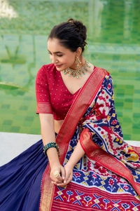 Azorte Fashion Tussar Silk Patola Print Lehenga Choli | Festive Wear Foil Work Lehenga Set with Dupatta - NBL, Stitched, Unstitched