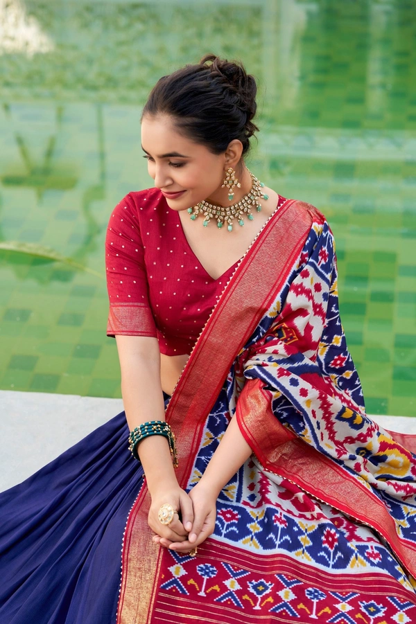 Azorte Fashion Tussar Silk Patola Print Lehenga Choli | Festive Wear Foil Work Lehenga Set with Dupatta - NBL, Stitched, Unstitched