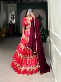 Azorte Fashion Tussar Silk Printed Lehenga Choli with Vichitra Silk Dupatta | Traditional Wear for Weddings & Festivals - Stitched, Stitched at 38" (Adjustable 36"–42")
