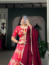 Azorte Fashion Tussar Silk Printed Lehenga Choli with Vichitra Silk Dupatta | Traditional Wear for Weddings & Festivals - Stitched, Stitched at 38" (Adjustable 36"–42")